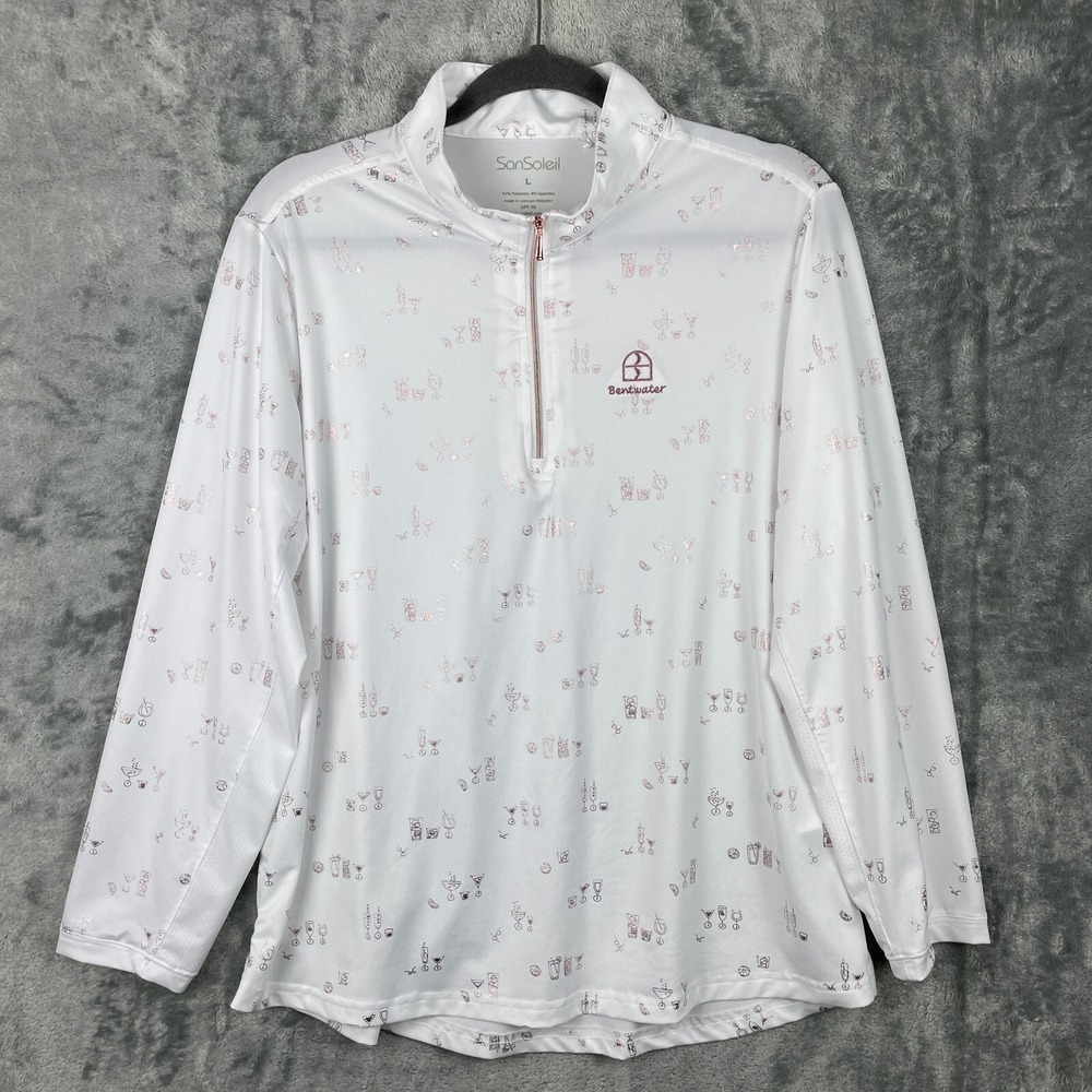 San Soleil Top Womens Large Cocktail Print 1/4 Zip Golf Tennis Activewear UPF 50